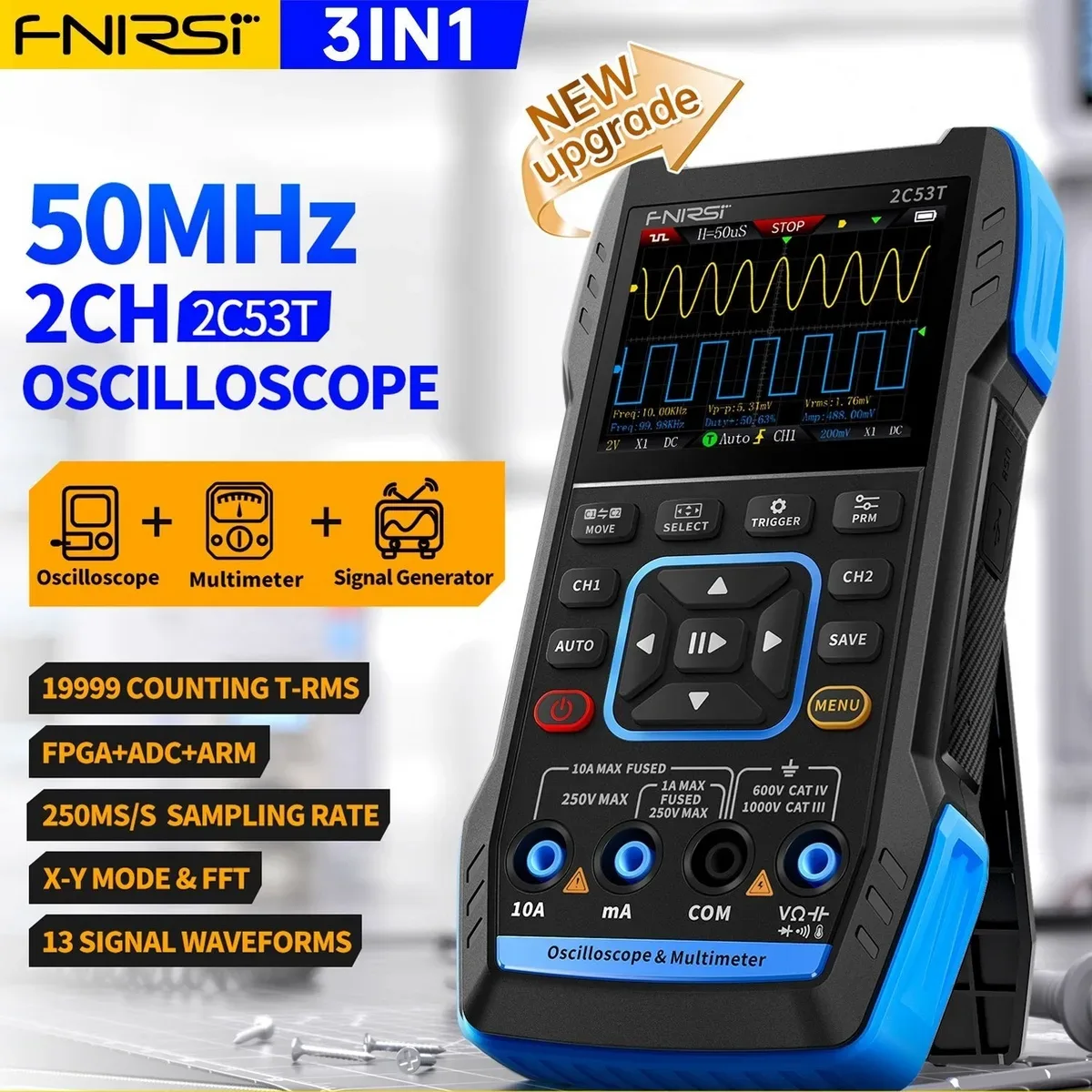 نمای دیگر اسیلوسکوپ دستی سه‌کاره FNIRSI مدل 2C53T